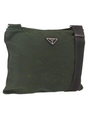 Authentic PRADA Shoulder Bag Nylon Khaki Silver